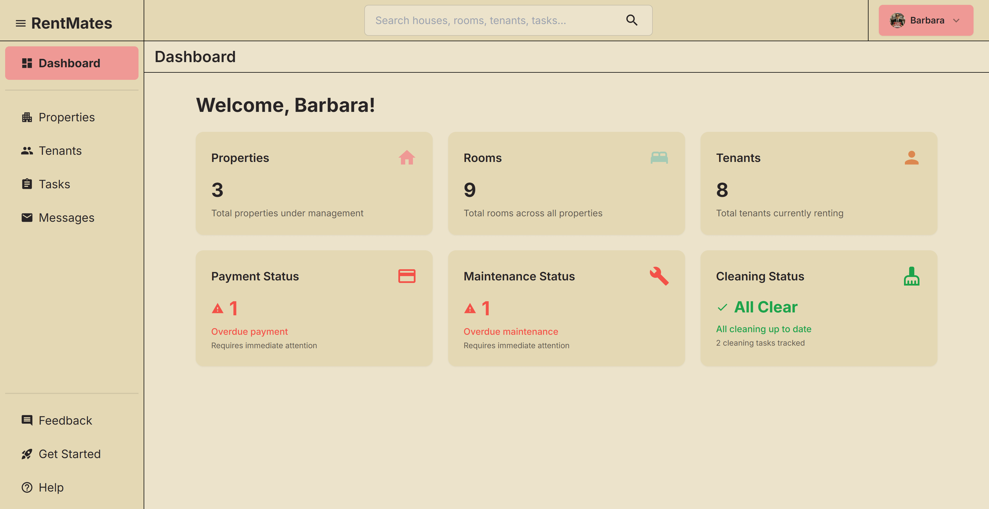 RentMates dashboard showing property overview, tenant statistics, and task management