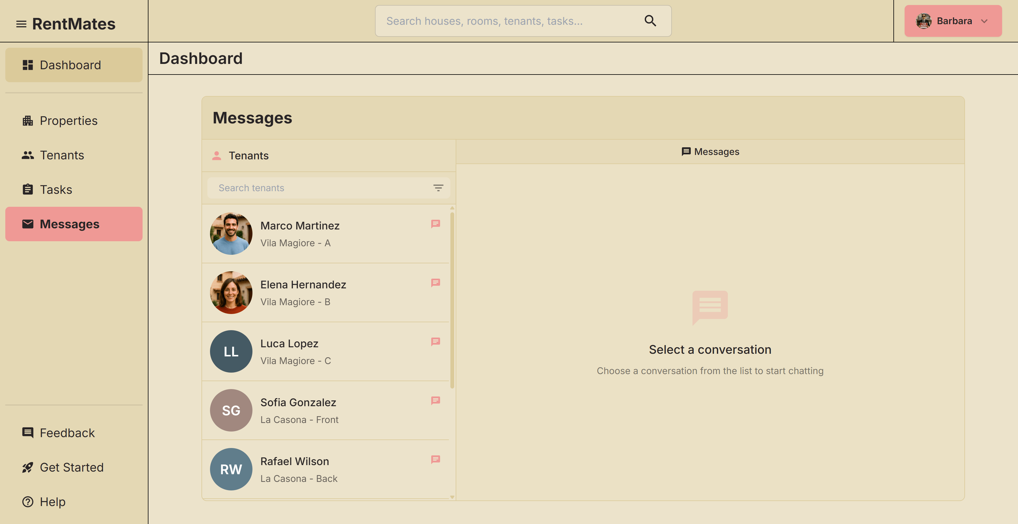 Communication interface showing message threads between landlords and tenants