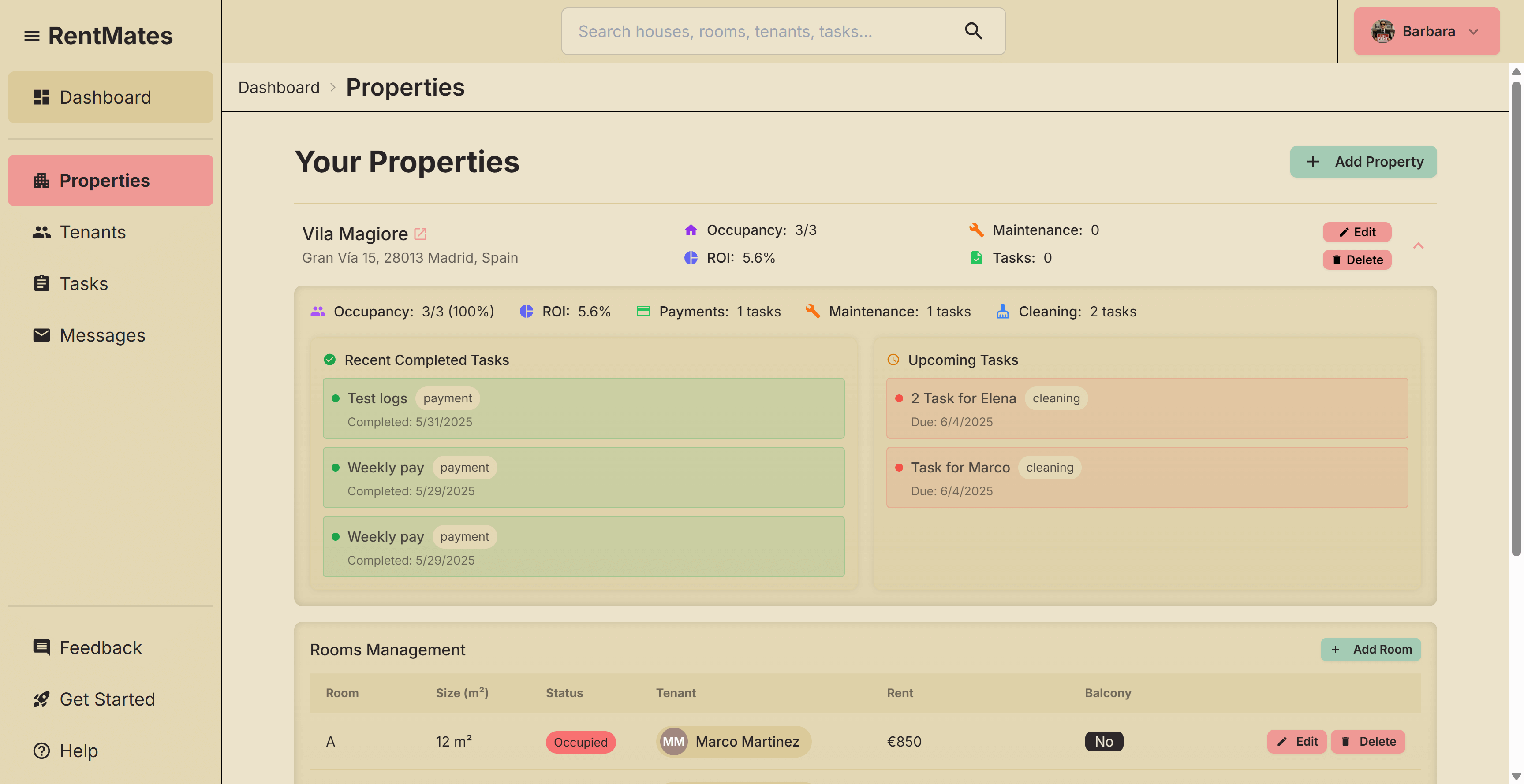 Property management interface showing ROI calculations, occupancy rates, and rental income tracking