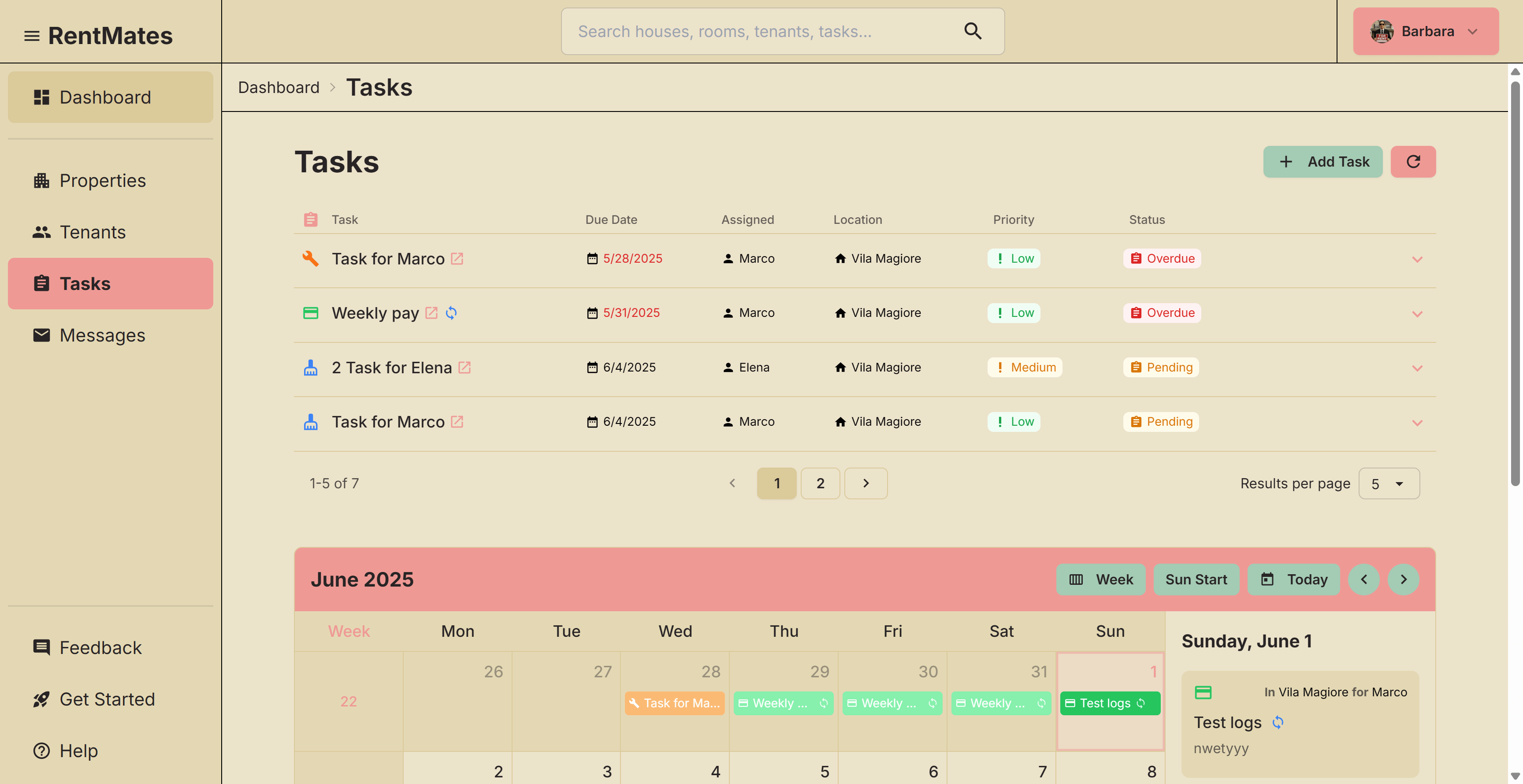 Task management interface showing payment tracking, maintenance requests, and cleaning schedules