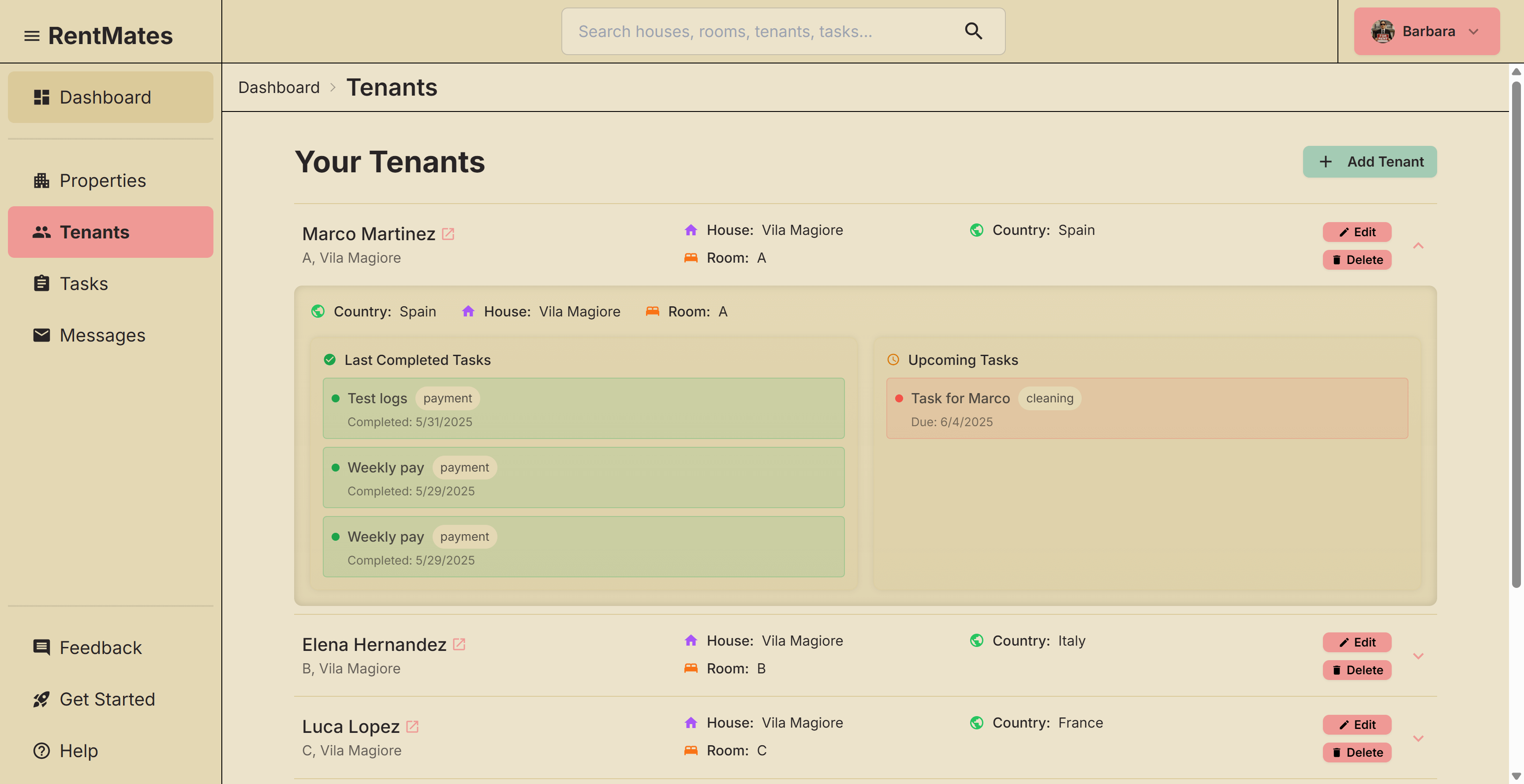 Tenant management system showing tenant profiles, payment status, and room assignments